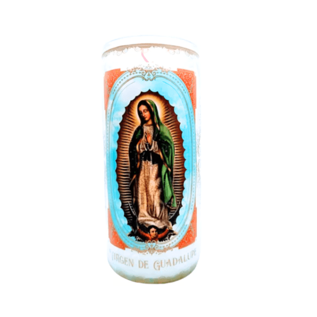 Veladora Big Virgen De Guadalupe Big Vela Doble Mecha Vaso de Vidrio Aroma a Coco