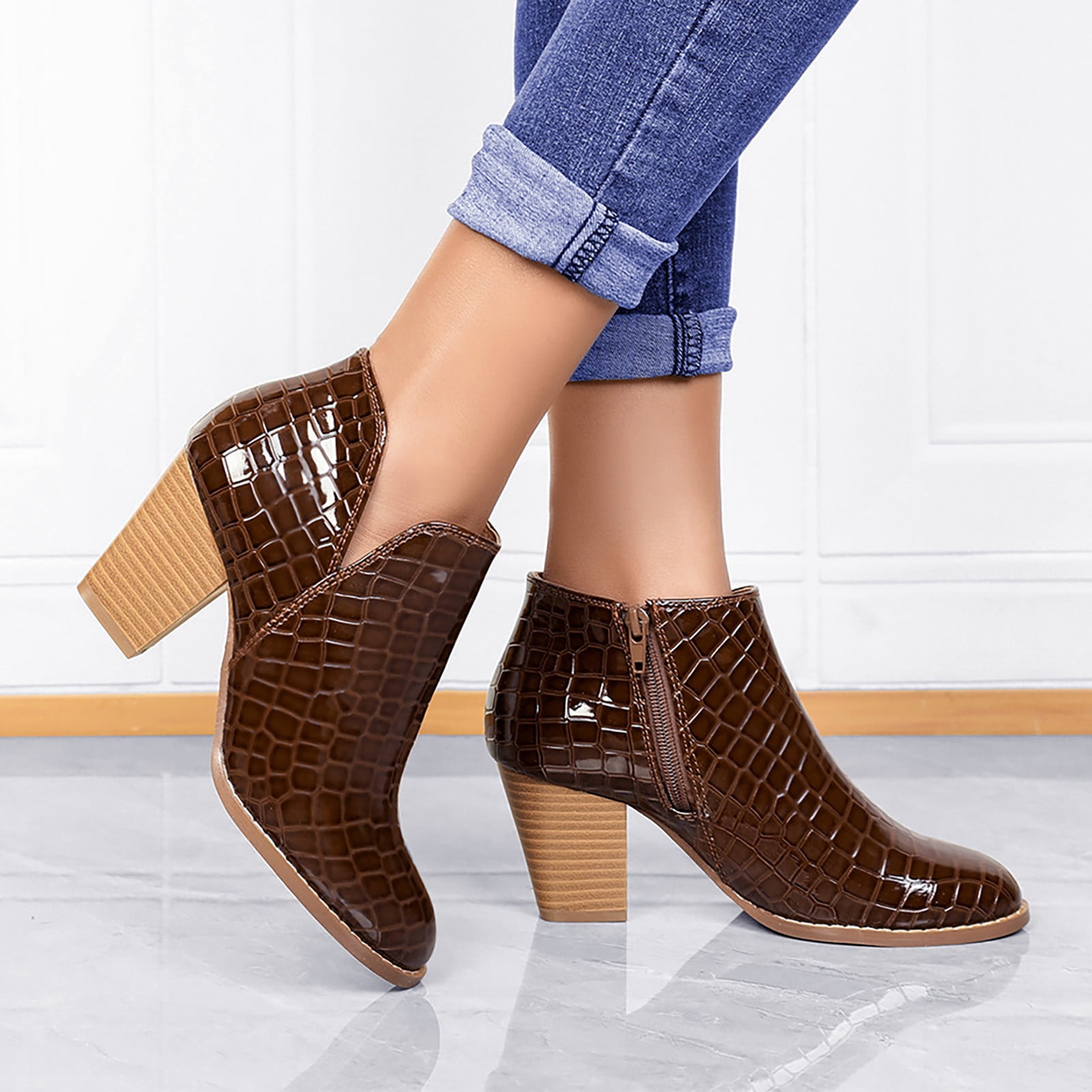 Bmisegm Born Boots Women Low Heel European and Autumn and Winter Women s Shoes Leather Thick Heels Round Toe Fashion Short Boots Boots for Women Coffee 10 Walmart