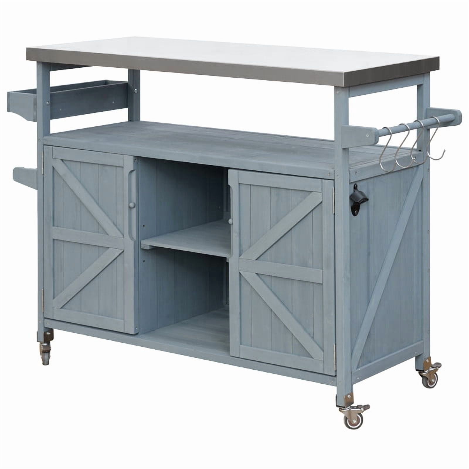Outdoor Kitchen Island with Stainless Steel Top, Wood Grill Cart Storage Cabinet with Adjustable Shelf, Outdoor Grill Table with Spice Rack & Towel Rack