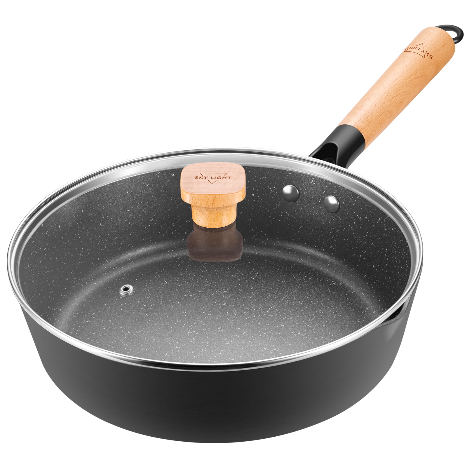 Cooking Pot with Detachable Wooden Handle Wok Pan 30cm Induction Black 100% PFOA-Free Whitford Coating Nonstick Stir Fry Pan with Lid 