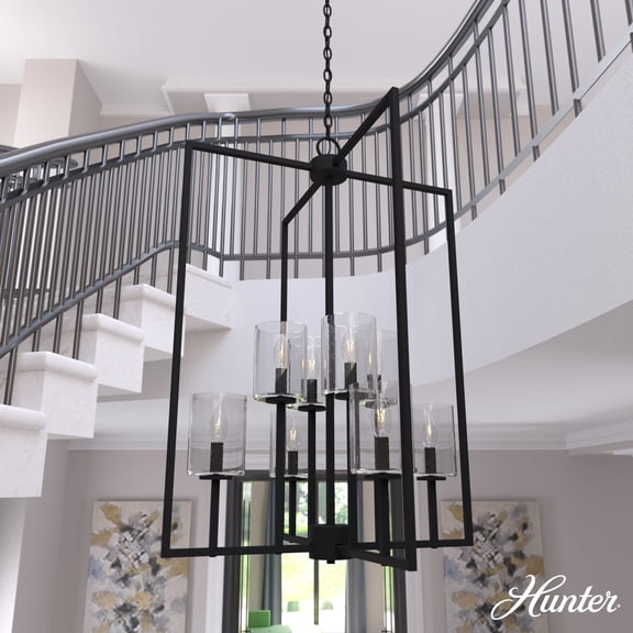 Hunter - Kerrison 8-light Natural Black Iron, Large Pendant Light, Dimmable, Rectangle Shaped, for Bedrooms, Dining, Living Rooms - 19542