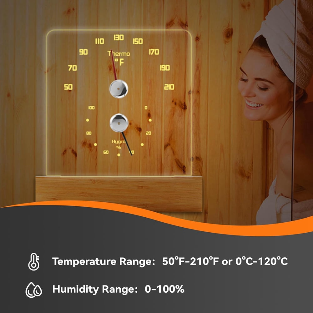 Sauna Thermometer 2 in 1 Fahrenheit Thermometer Hygrometer with LED Light Sauna Accessories for Sauna Room Hotel