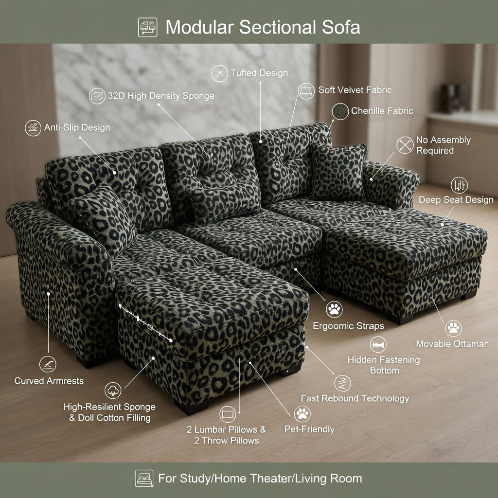 Hommoo 100" Modern Leopard Print Chenille 3-Seat Modular Sectional Sofa, Deep Seat Design with Tassel Trim, Ergonomic Support & Easy Tool-Free Assembly, Green Black