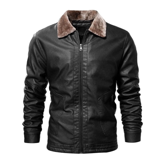 JUNWELL Clearance Leather Jacket Men Aviator Shearling Bomber Jacket Stand Collar Fleece Lined Zip-Up Leather Jacket Coat