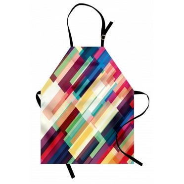Abstract Apron Futuristic Geometric Pattern Design with Colorful Stripes Modern Technologic Print, Unisex Kitchen Bib Apron with Adjustable Neck for Cooking Baking Gardening, Multicolor, by Ambesonne