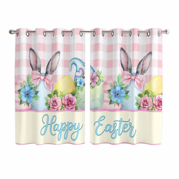 Easter Kitchen Curtains Window Panels, Spring Watercolor Bunny Eggs Flowers Pink Plaid Insulated Window Treatment Curtain, Grommet Curtains for Bedroom/Living Room/Bathroom, 2 Piece 52"Wx72"L