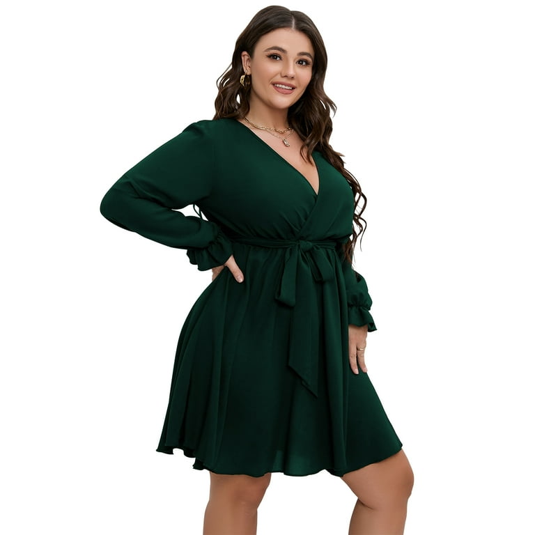 knee length dresses for ladies Gabella Dark Green Long Sleeve A-line Mini Dress with Crystal Trim (Ar
