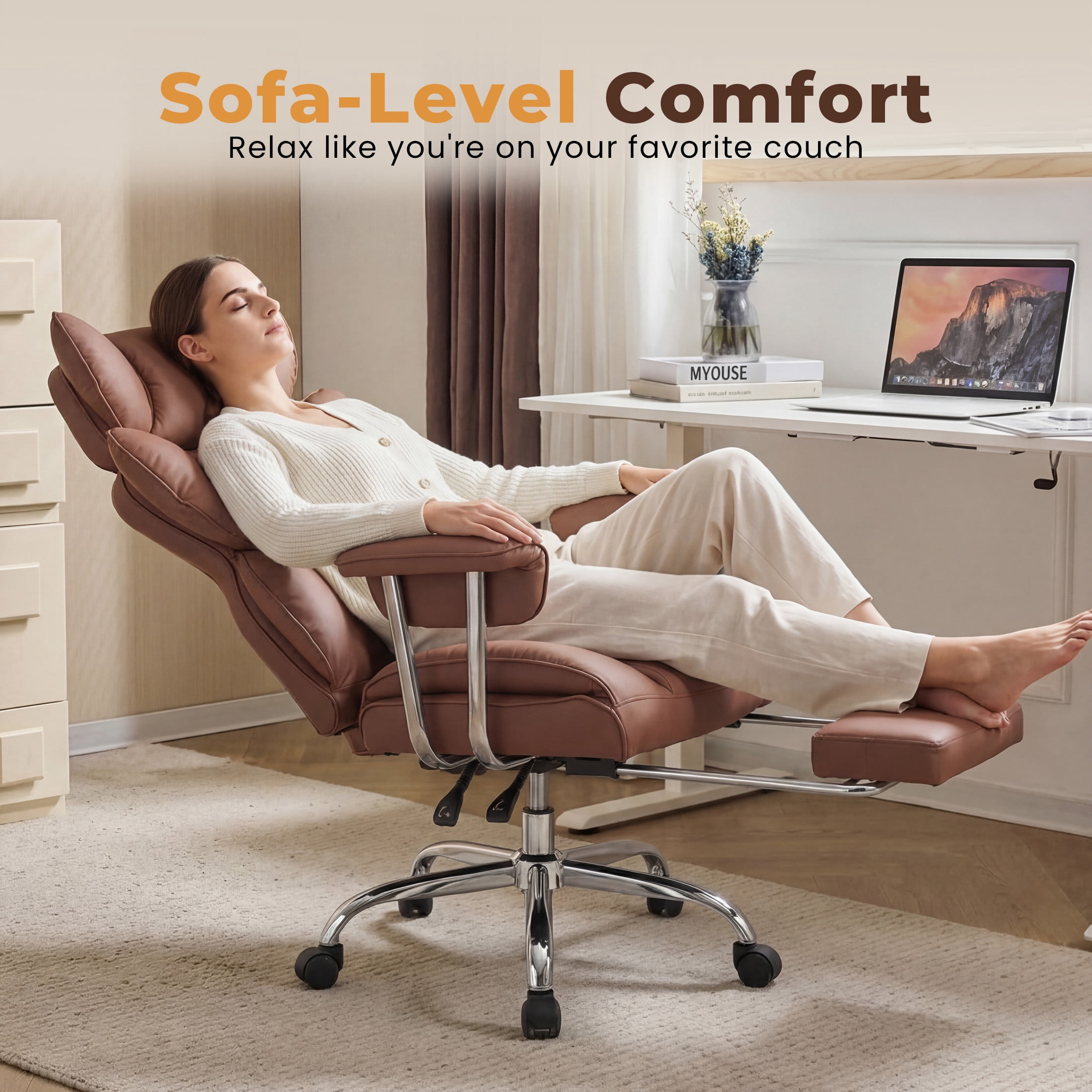 CONCETTA Ergonomic Big and Tall Office Chair, Scratch-Resistant PU Leather Executive Desk Chair with Spring Lumbar Support Brown