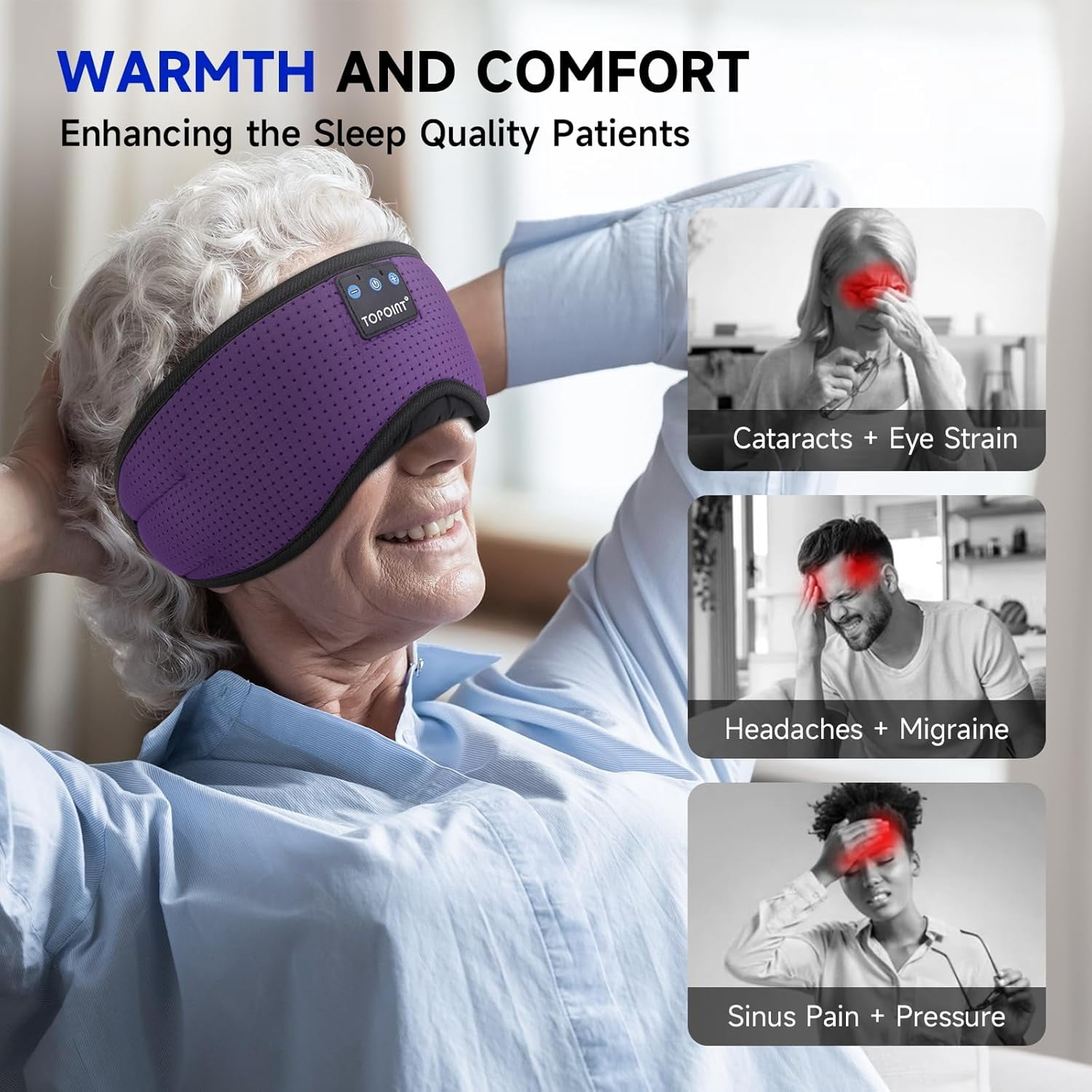 Sleep Mask, Bluetooth Eye Mask Bluetooth, TOPOINT Breathable Cotton Sleep Headphones for Sleeping Side Sleepers Travel Meditation Music Headsets with Microphone Handsfree Men Women, Purple