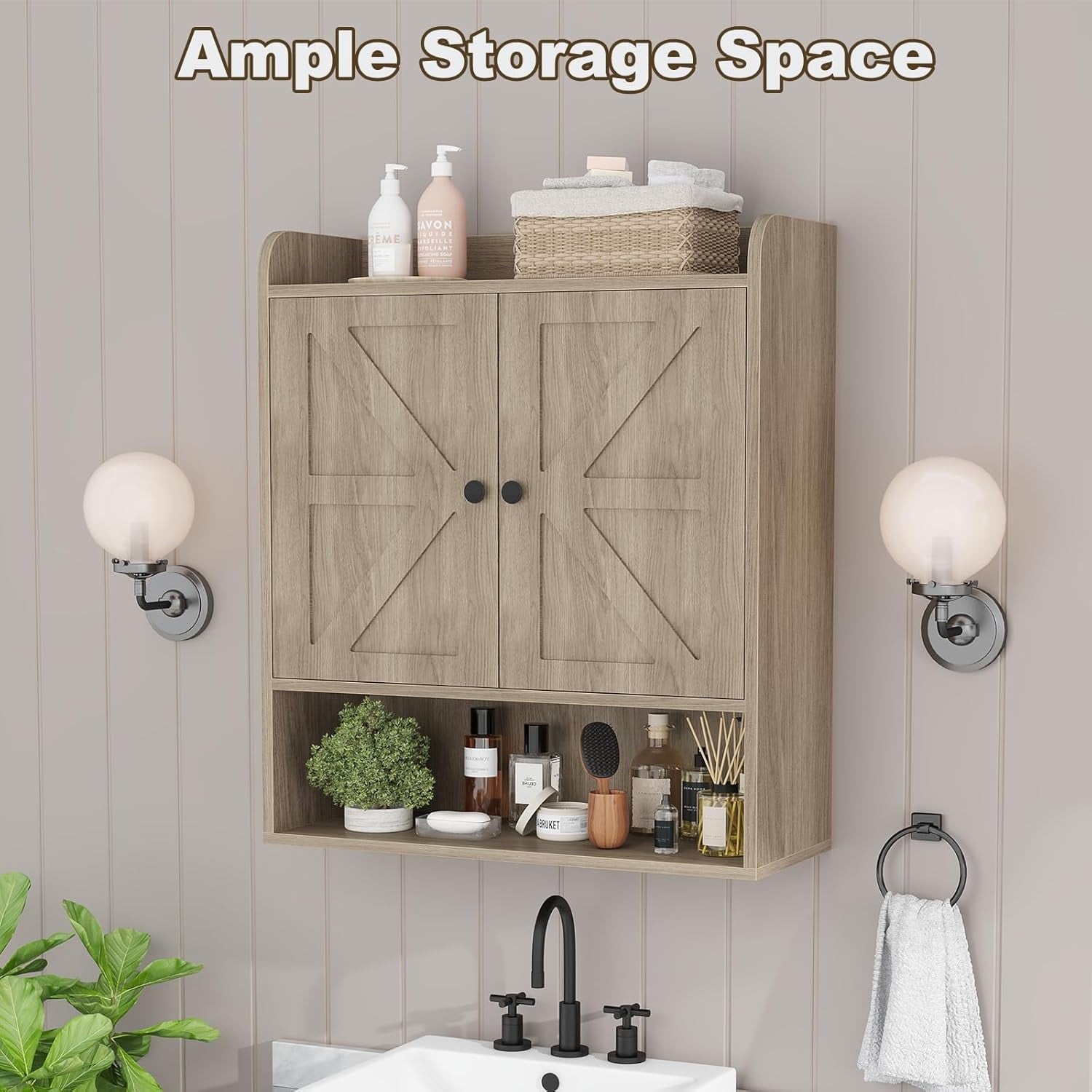 POAO Bathroom Wall Storage Cabinet, Wooden Medicine Cabinet with Adjustable Shelves and Double Barn Doors, Over The Toilet Storage Cabinet, Oak Grey
