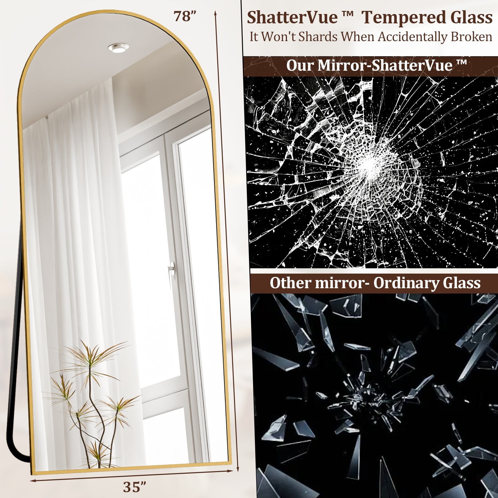 Easy4Home 78"x35" Oversized Arched Full Length Mirror with Aluminum Alloy Frame Freestanding Floor Dressing Mirror, Gold