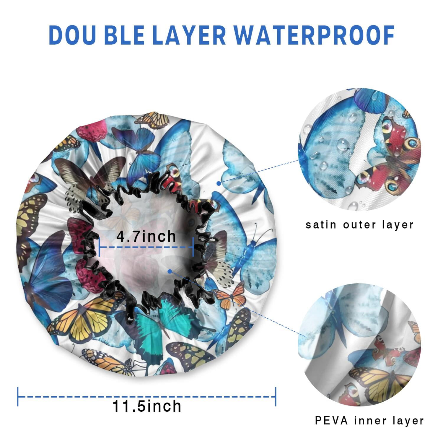 Shower Caps,Butterfly Blue Pink Wing Pattern Waterproof Shower Cap for Women 4 Pieces,Double Reusable Hair Cover for Shower PEVA Elastic Stretch Hem