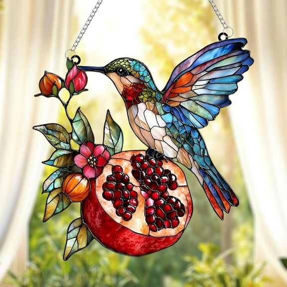 Colorful Hummingbird And Pomegranate Faux Stained Glass Acrylic Suncatcher, Vibrant Garden Window Hanging, Nature Lover Home Decor Gift
