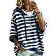 thumbnail image 3 of Pullover Sweaters for Women Oversized Hooded Side Slit Knit Winter Fall Clothes 3/4 Batwing Sleeve Striped Fashion Clothing Casual Drawstring Sweater Top Navy S, 3 of 7