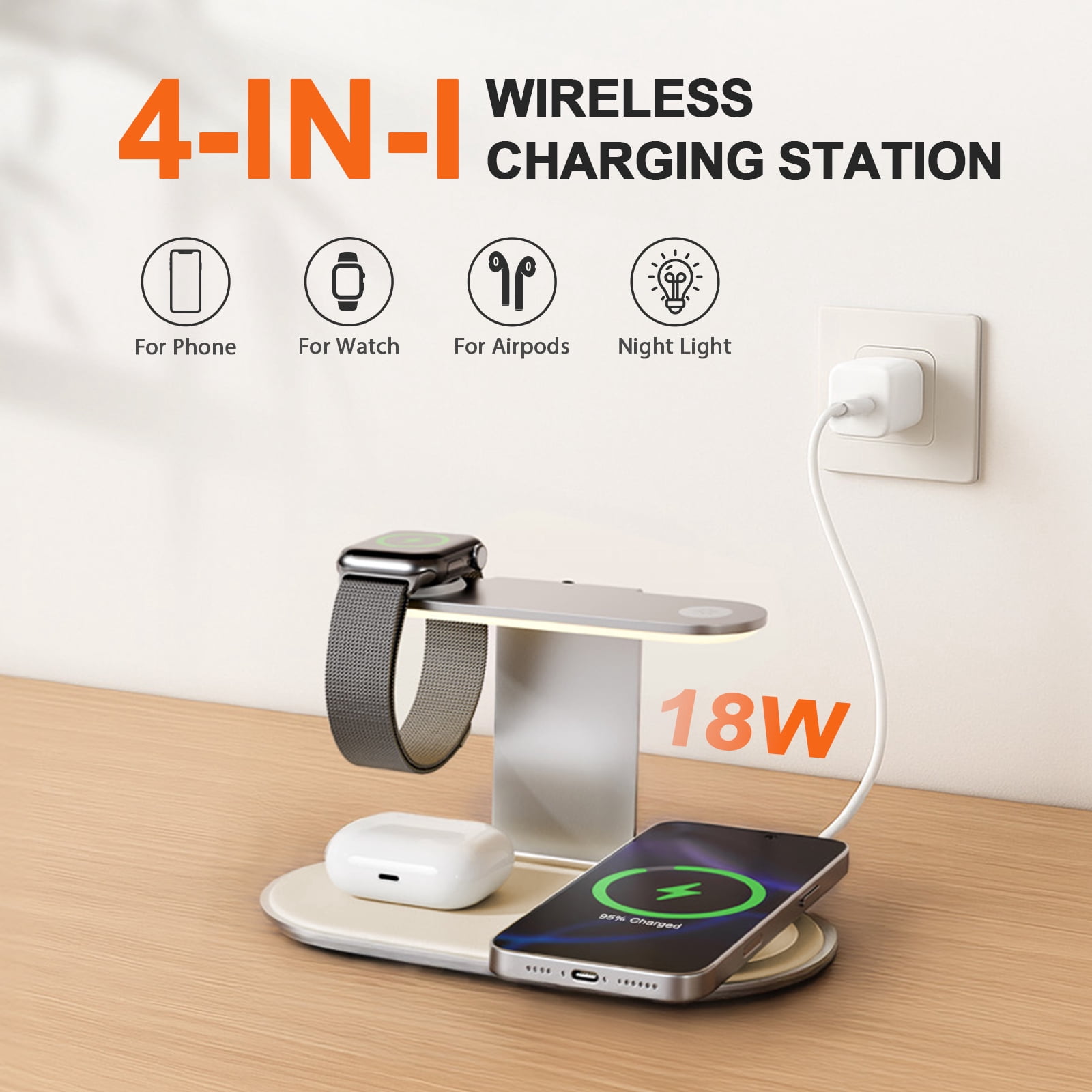 4 in 1 Wireless Charger,Charging Station with Soft Night Light,15W Max Fast Charging Holder for iPhone 17 16 15 14 13 12,for iWatch Series,for AirPods,ideal for home and travel,Silver Charging Dock
