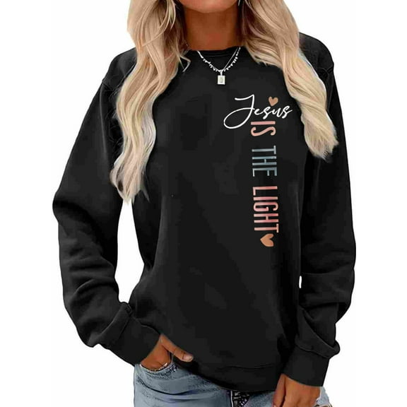 Women Christian Sweatshirt Jesus is the Light Graphic Shirt Casual Crew Neck Top