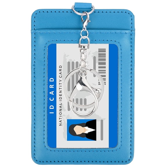 4.7 x 3.2 x 0.2" Leather Badge Holder with Clear ID Window, Front Pocket Vertical Credit Card Holder & Swivel Metal Clasp Keyring for Employees, Staff, College, Lake Blue