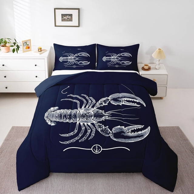 Erosebridal Ensemble de Literie Imprimé Homard, Insert de Couette Animal Océan, Bleu Marine, Réversible 3 Pcs