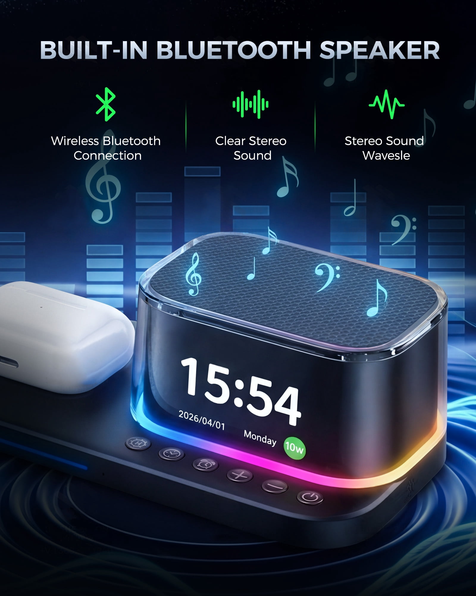 5 in 1 Wireless Charging Station with Alarm Clock, Bluetooth Speaker & Ambient Light, 45W GaN Fast Charger Included, 25W Magnetic Charger for Phone Earbuds Watch, Office & Bedside and Travel