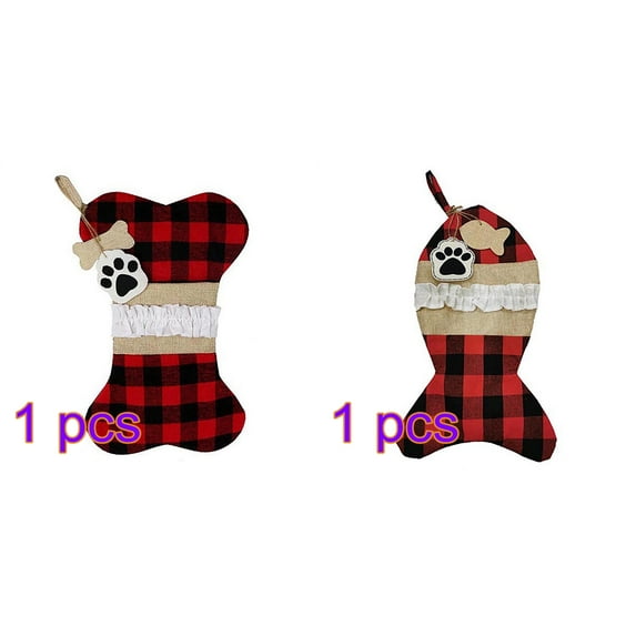 Pet Dog Christmas Burlap Stockings Bone Fish Shaped Bow Plaid Hanging Xmas Socks Candy Bag Gift Holder Home Party Festive Fireplace Decorations