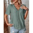 thumbnail image 2 of Women Hollow Short Sleeve Top V Neck Casual Loose Fitting Button Front Summer T Shirt Top Green M, 2 of 5