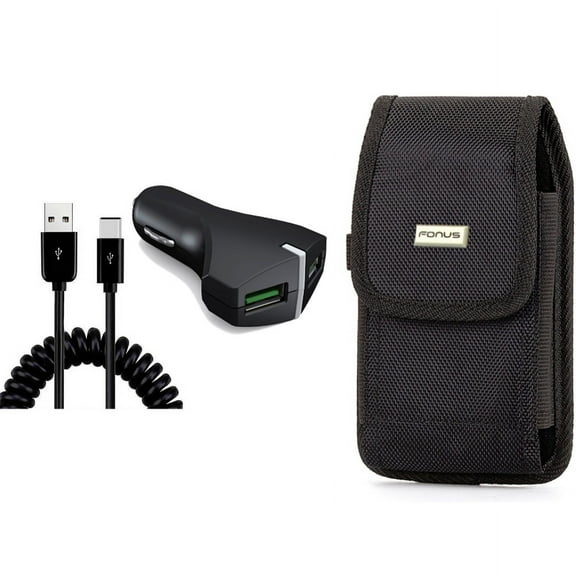 Case Belt Clip & Car Charger for iPhone 15 Pro Max - Rugged Holster Canvas Cover and 36W Fast 2-Port USB Coiled Cable Type-C J5W for iPhone 15 Pro Max (6.7")