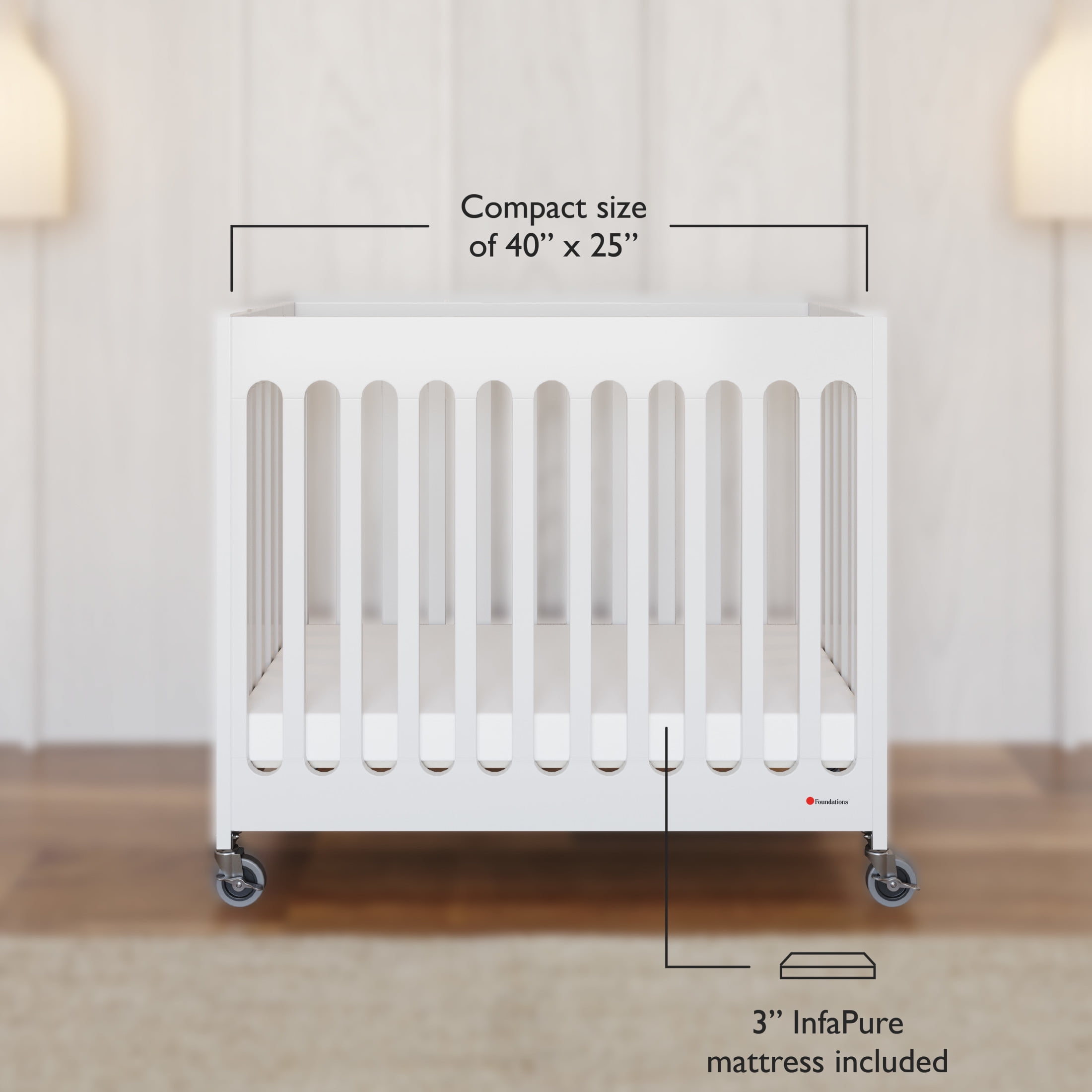 Foundations Boutique Folding Hotel Crib and Sheet Bundle - Includes Wooden Mini Crib with 3" Foam Mattress (White) and 6-Pack White Fitted Compact Crib Sheets