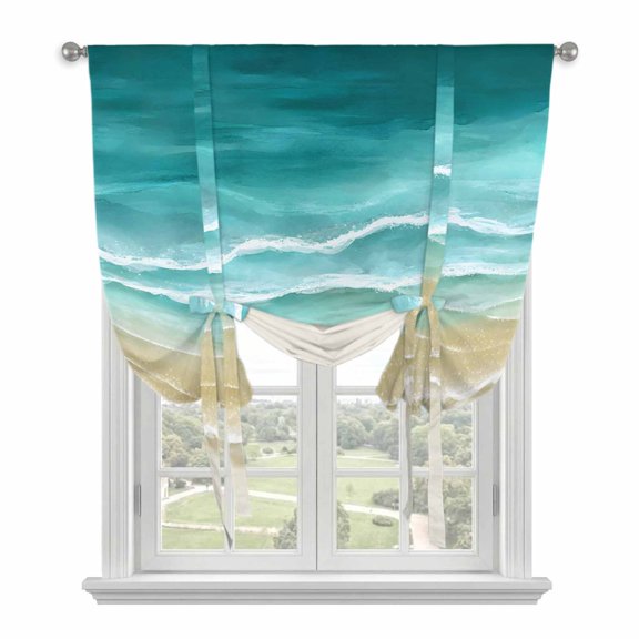 Turquoise Summer Beach Coastal Balloon Curtains 63 Inch Length for Living Room/Bedroom, Nautical Beige Seaside Rod Pocket Privacy Door Curtains Decorative Tie Up Shade for Window 52"x63"