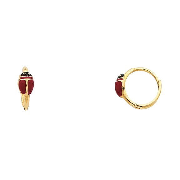 Solid 14k Yellow Gold Ladybug Huggie Earrings Ladybird Huggies Hoops Round Red Enamel Fancy 10 mm