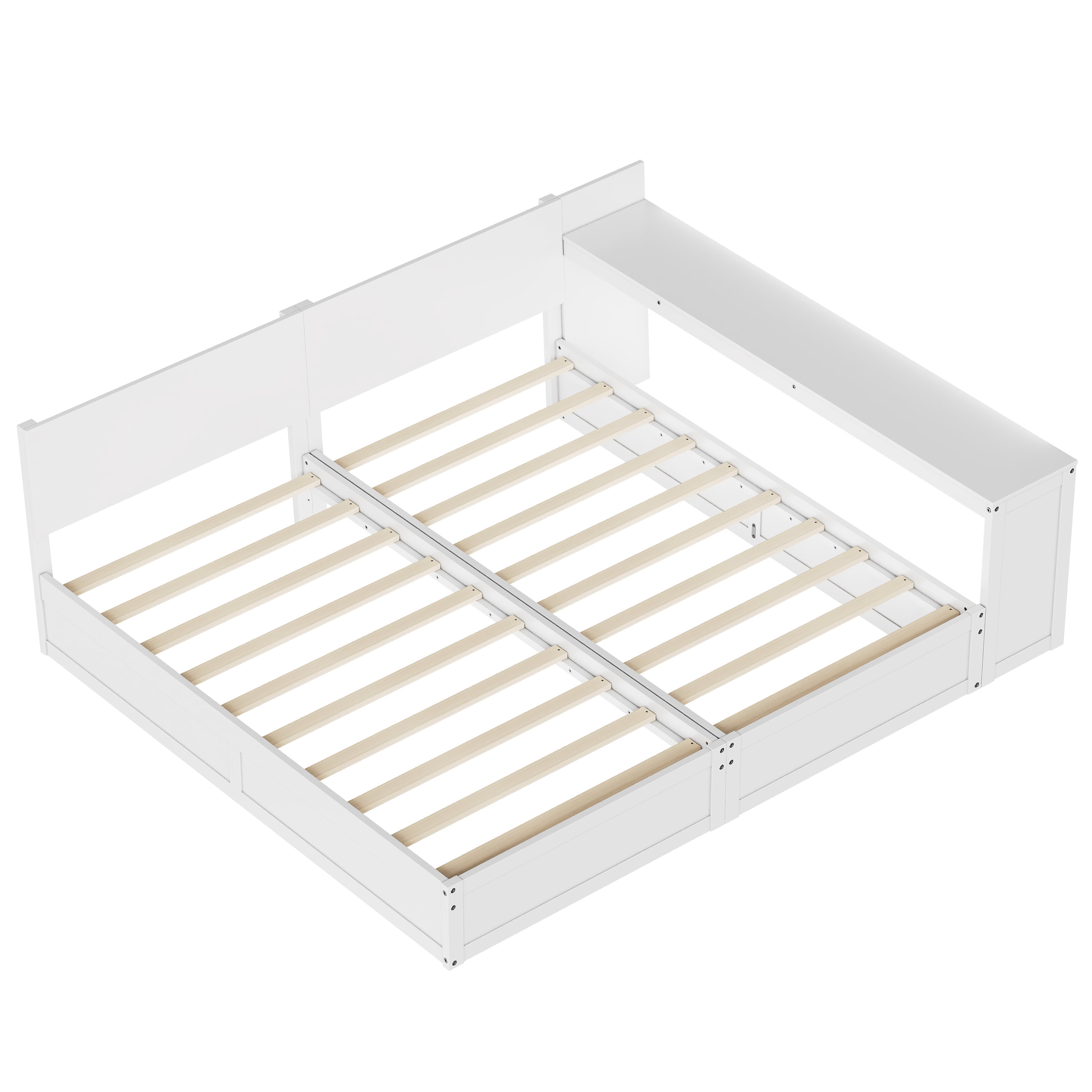 Euroco Wood Twin Size Platform Bed with Adjustable Storage Desk, 2 Beds Design, White