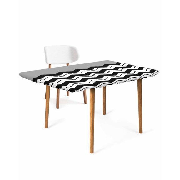 Black Chevron Rectangle Tablecloth, Waterproof Elastic Fitted Table Covers for 3 Foot Tables, 24x36inch Decorative Tablecloths for Picnic, Camping, Outdoor, Geometric Grey Print Wavy Striped White