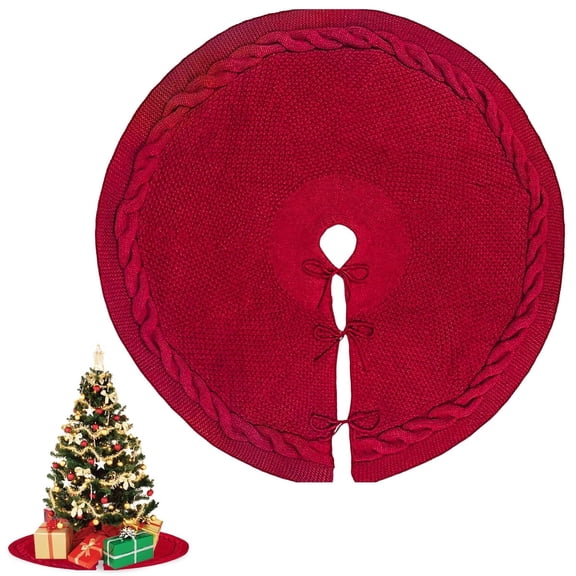 Christmas Tree Skirt, Knitted Christmas Tree Skirt for Christmas Tree Decorations Xmas Warm Xmas Holiday Decor(48 inch,Burgundy)