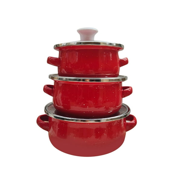 Lipstore 3 Pieces Enamel Pot Set Cooking Casserole Pot Gifts Multifuctional Double Handle red