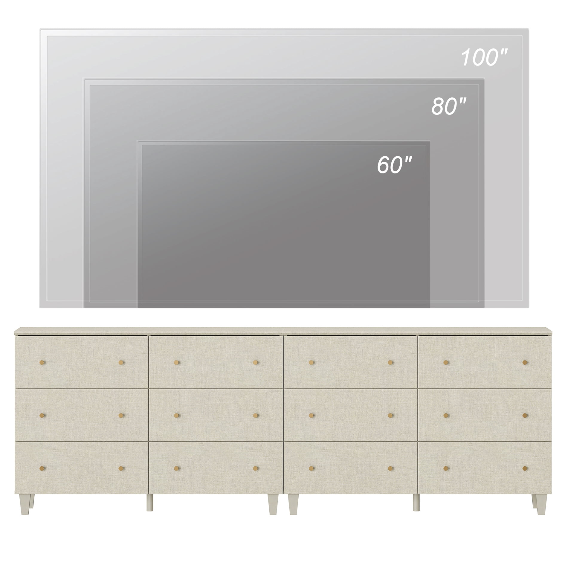 WAMPAT TV Stand Cabinets for 100+ Inches TVs, 2-in-1 Modern Wooden Media Console with 12 Spacious Drawers for Living Room, Beige