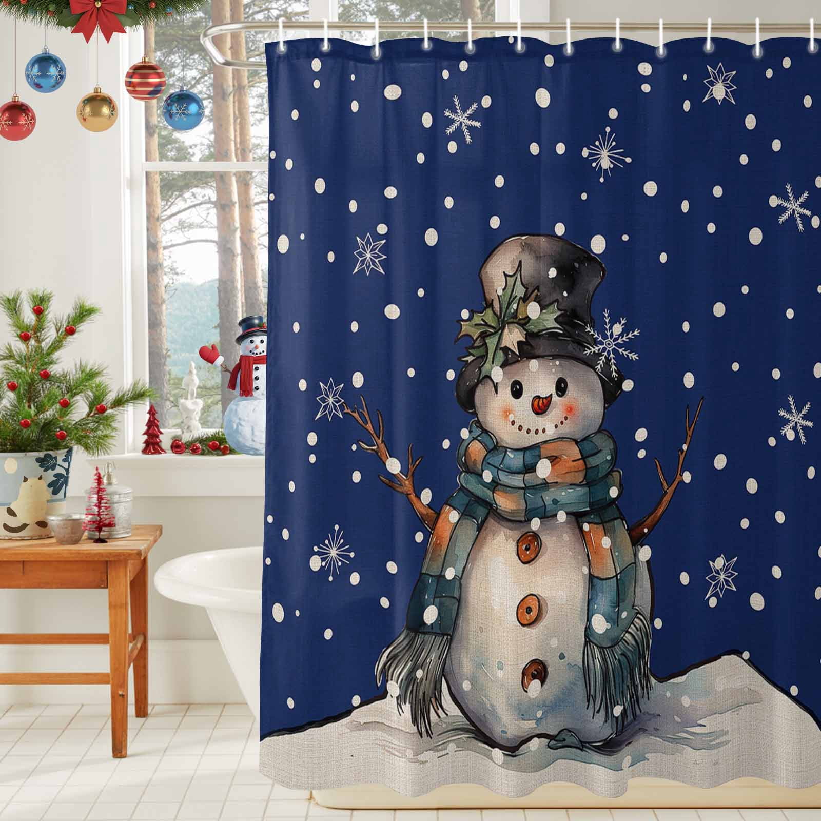 Shower Curtain Bathroom Set Merry Christmas Snowman Winter Snow Waterproof Fabric Shower Curtains with Grommets&Hooks Vintage Linen Navy Blue Privacy Bath Curtain for Bathtub 72x72in