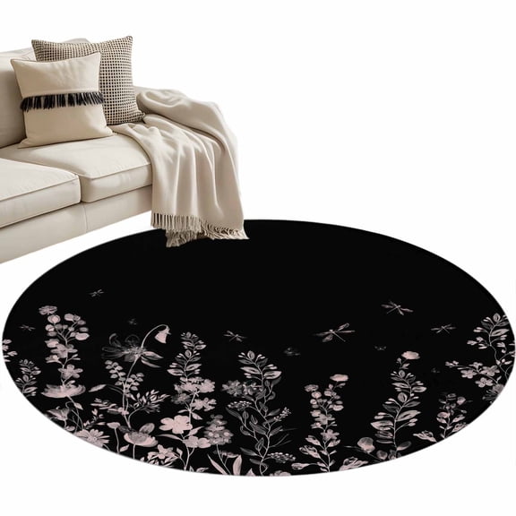 Pink Flowers Floral Area Rug, Dragonfly Black Background Plant Washable Large Circle Carpet, Non Slip Round Rug for Living Room/Bedroom/Dining Room/Home Office/Dorm