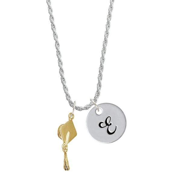 Delight Jewelry Goldtone Graduation Hat Silvertone Script Initial Disc - E - Charm Necklace, 20"+3"