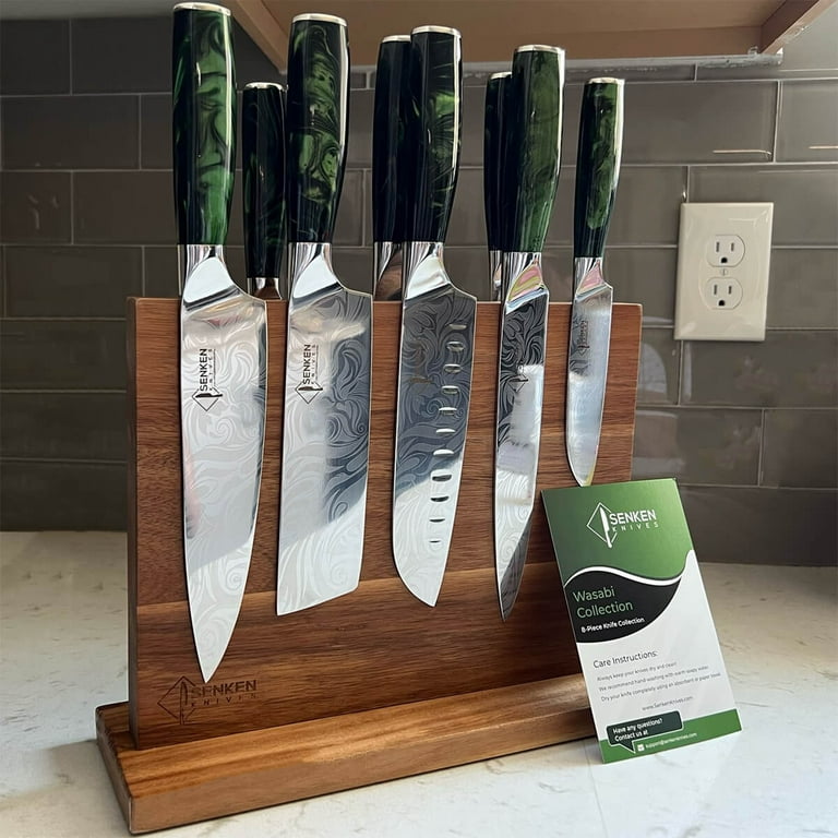 8-Piece Engraved Japanese Kitchen Knife Set with - Wasabi Collection - Chef's Knife, Paring Knife, Cleaver Knife & More, Green