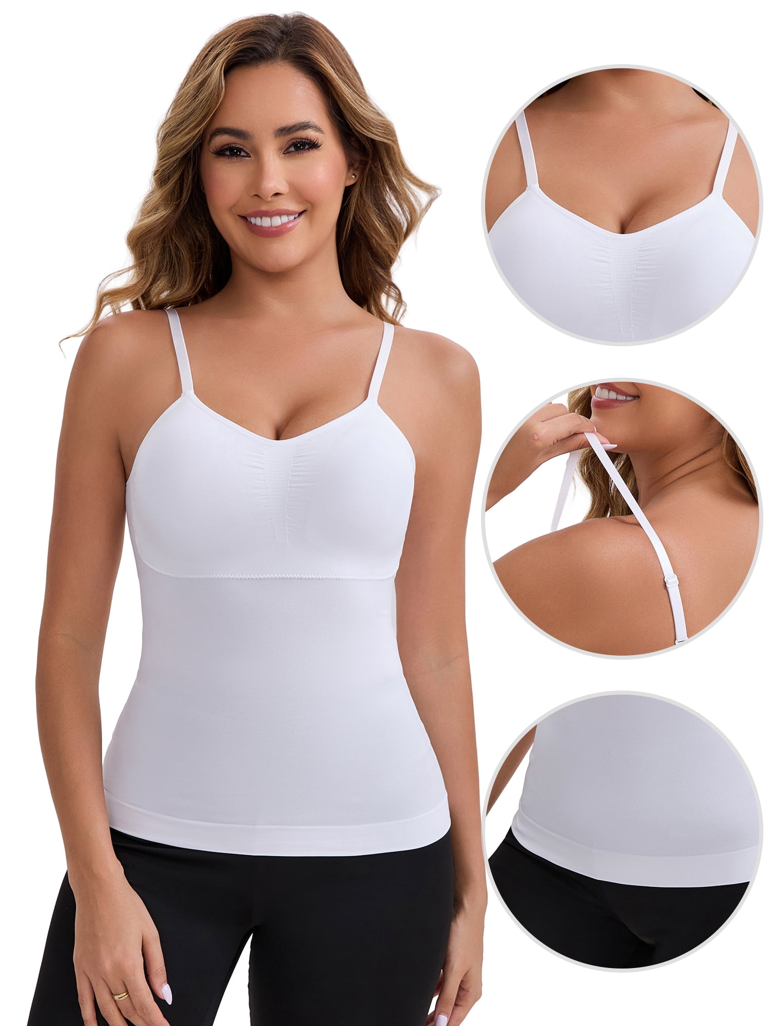 DARING DIVA Women's Long V-Neck Padded Camisole Seamless Slim Fit Tank S White