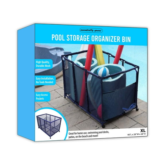 Essentially Yours Pool Noodles Holder, Toys, Floats, Balls and Floats Equipment Mesh Rolling Storage Organizer Bin, Kids Height, Large, (43" W x 25" L x 28" H), Blue Style 563009