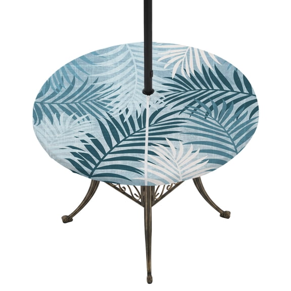 Round Outdoor Tablecloth with Umbrella Hole and Zipper, Blue Teal Palm Leaves Tablecloth with Elastic Waterproof, Summer Botanical Tropical Leaf Patio Table Covers for 55" - 60" Picnic Pool Tables