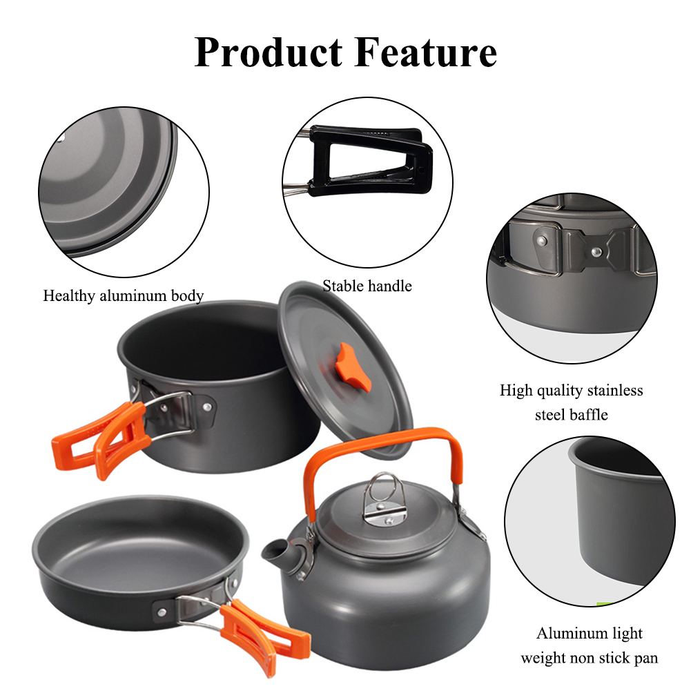2-3 Person Pot Teapot Combination Set Non-stick Lightweight Pan Cauldron Portable Outdoor Cookware For Hiking