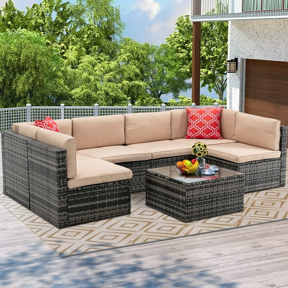 iRerts 7 Pieces Outdoor Sectional Sofa Patio Furniture Sets, Wicker Rattan Outdoor Patio Conversation Sets with 2 Pillows and Coffee Table, Patio Sofa Sets for Yard Backyard, Gray Wicker+Beige Cushion