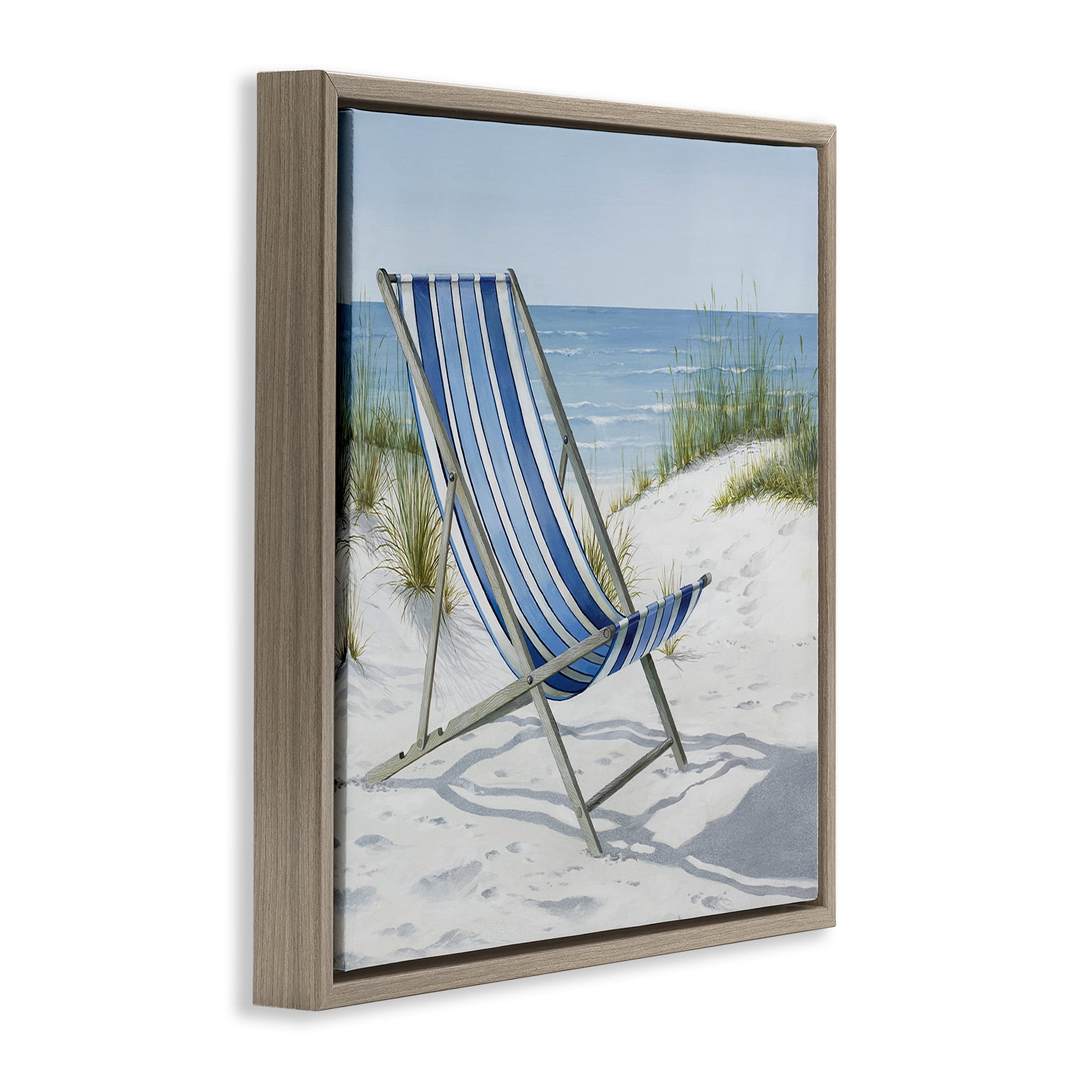 Stupell Industries Tranquil Beach Chair Landscape Painting Brown Floater Framed Canvas Art Print Wall Art, 18 x 18
