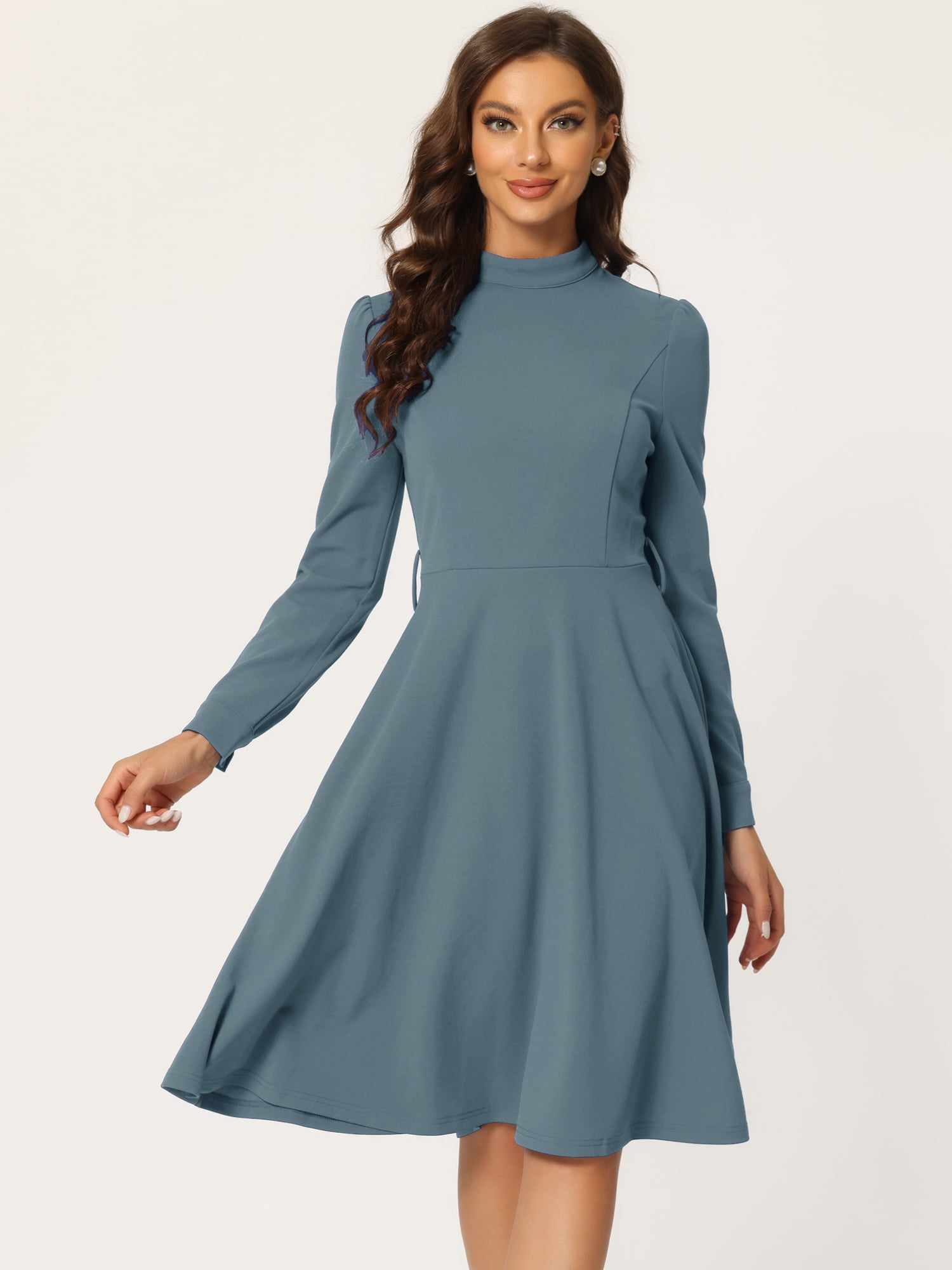 DARING DIVA Mock Neck Knit Below the Knee Tie Waist Dress M Grey