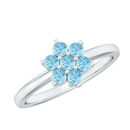 Rosec Jewels Natural Aquamarine Flower Promise Ring - Blue Flower Ring for Women - AAA Quality - Ready to Gift 14K White Gold US 4.00