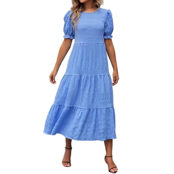 Eawtki Women's Round Neck Short Sleeve Maxi Dress Tiered Ruffle Hem Textured Fabric Casual Summer Dress