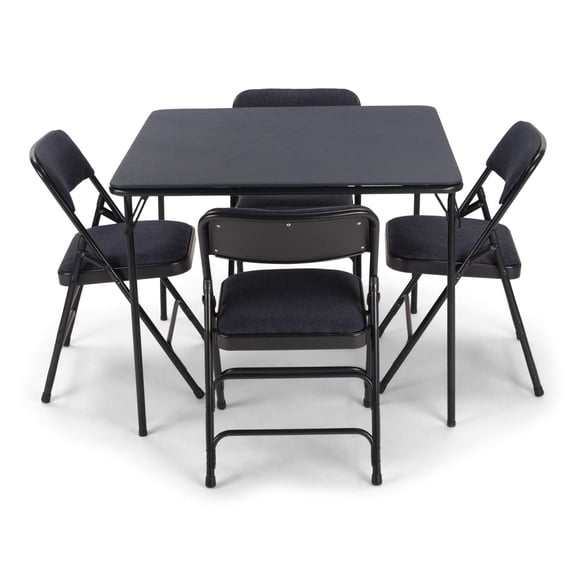 EventStable Titan Series Folding Card Table and Metal Folding Chair Set - 5 Pieces (Navy Blue Fabric)