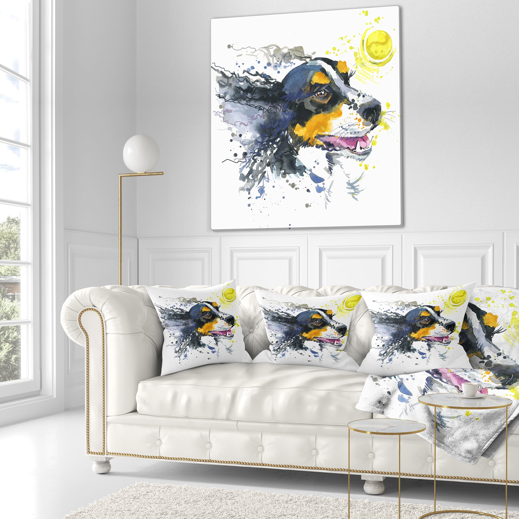 Designart Dog and Yellow Ball Watercolor - Abstract Throw Pillow - 18x18