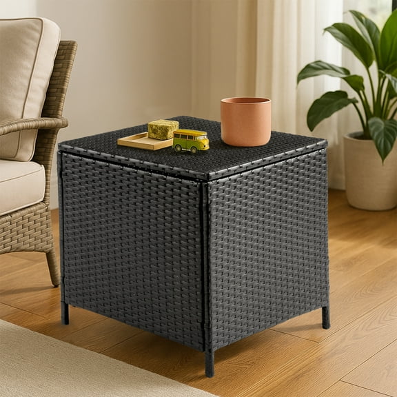 Xilee Outdoor Wicker Side Table with Storage Patio Rattan End Table,Square Resin Coffee Table for Garden Porch Deck Living Room Backyar, Black
